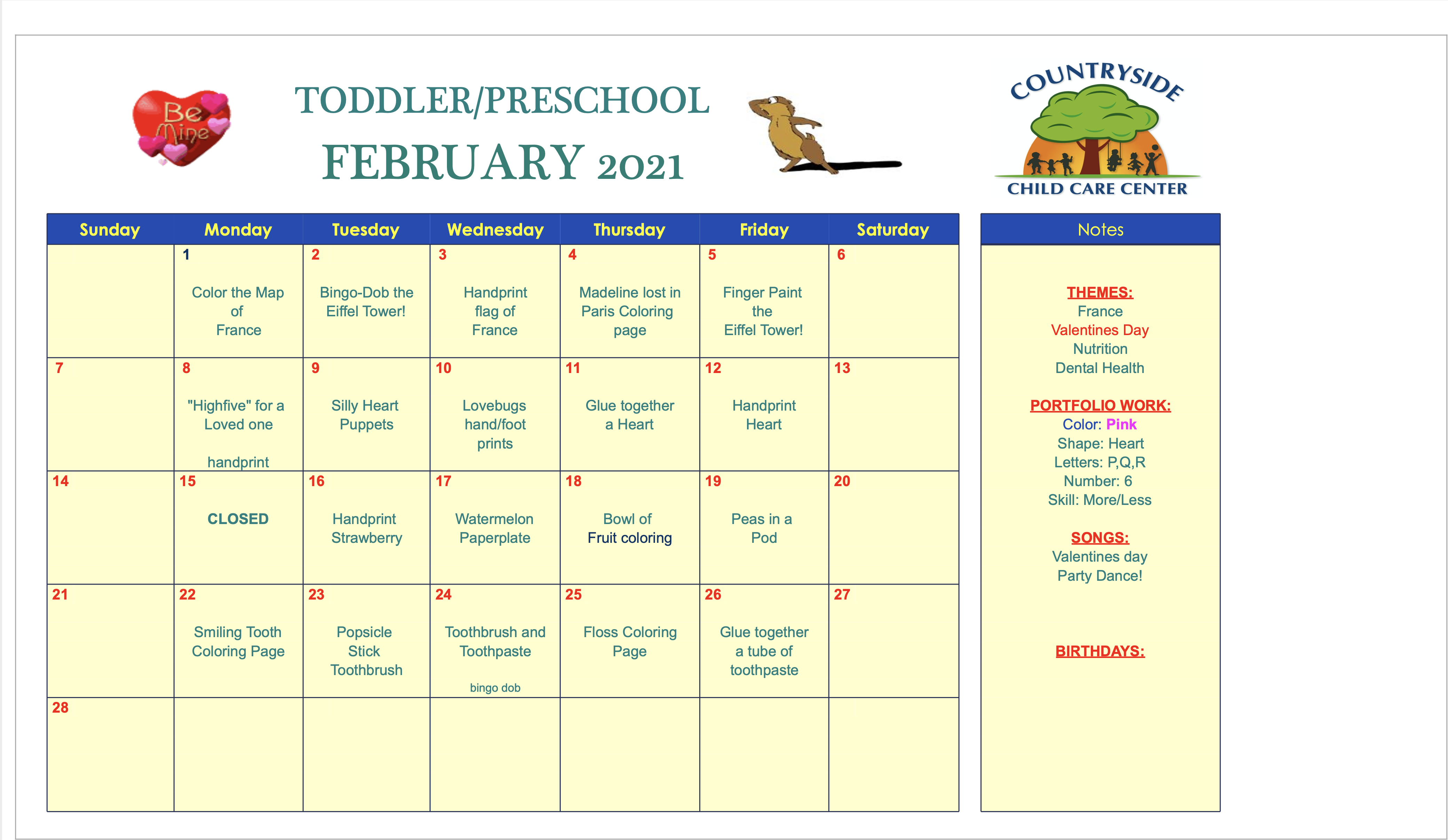 Calendars|Countryside Child Care